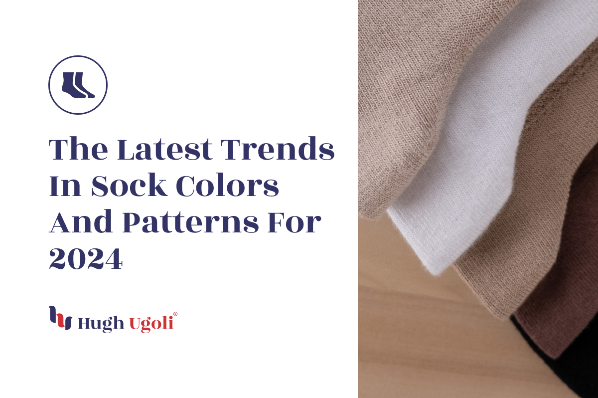 A close-up shot of various neatly folded socks in neutral tones, showcasing the latest trends in sock colors and patterns for 2024, highlighted by the Hugh Ugoli logo.